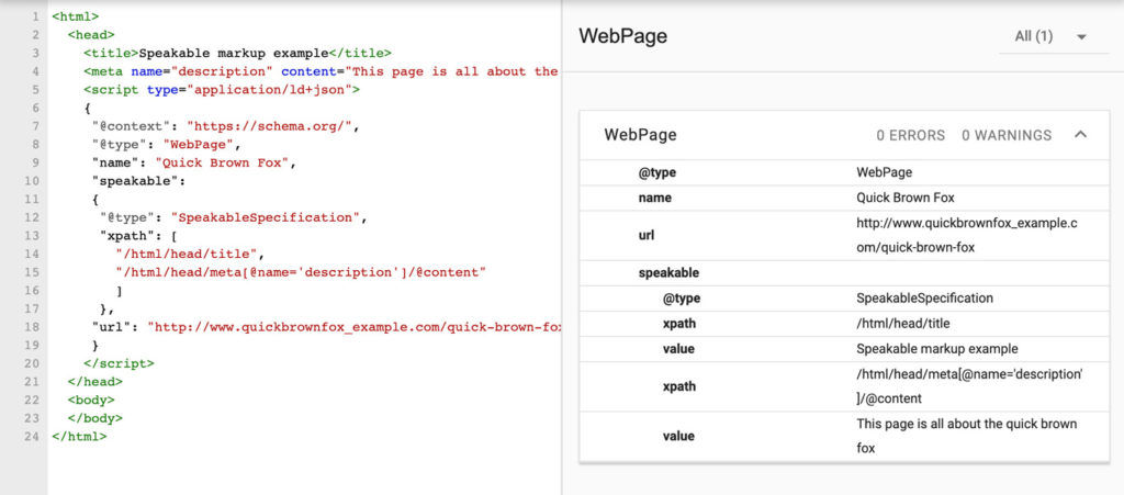Speakable schema markup