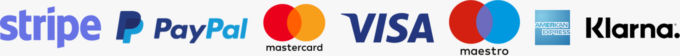 Payment Options Stripe, PayPal, Mastercard, Visa, Maestro, American Express and Klarna Payment Options Stripe, PayPal, Mastercard, Visa, Maestro, American Express and Klarna