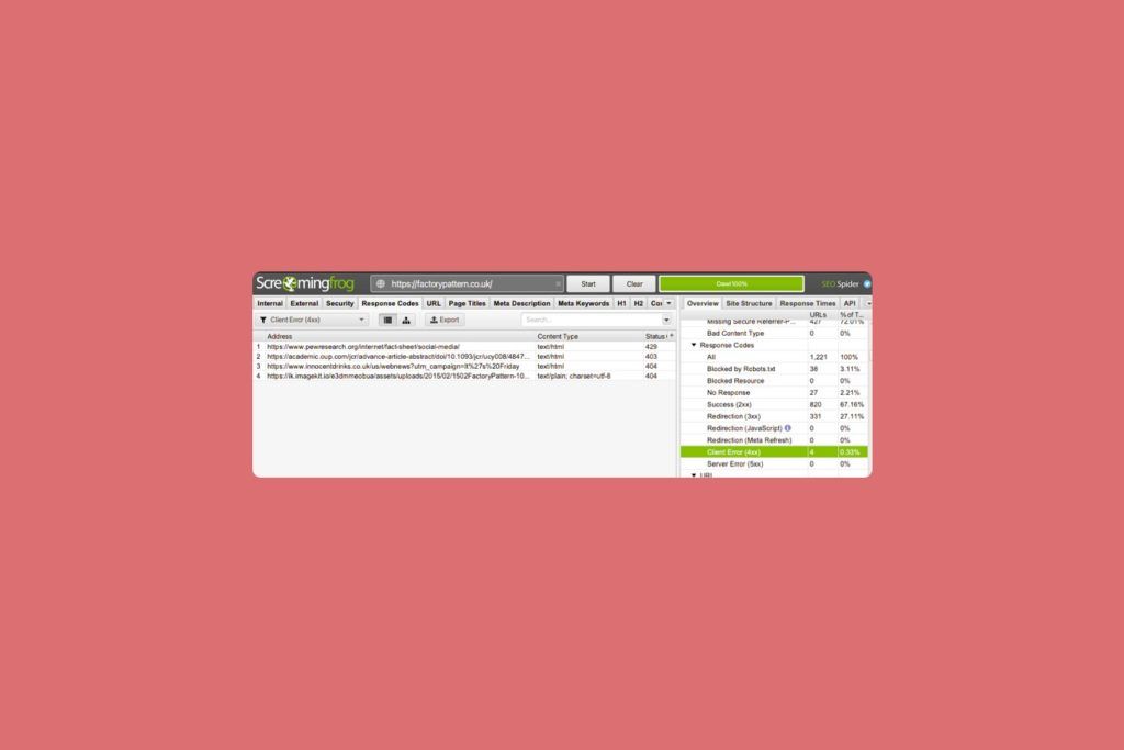 Checking 404 error pages via Screaming Frog as part of an ecommerce SEO audit
