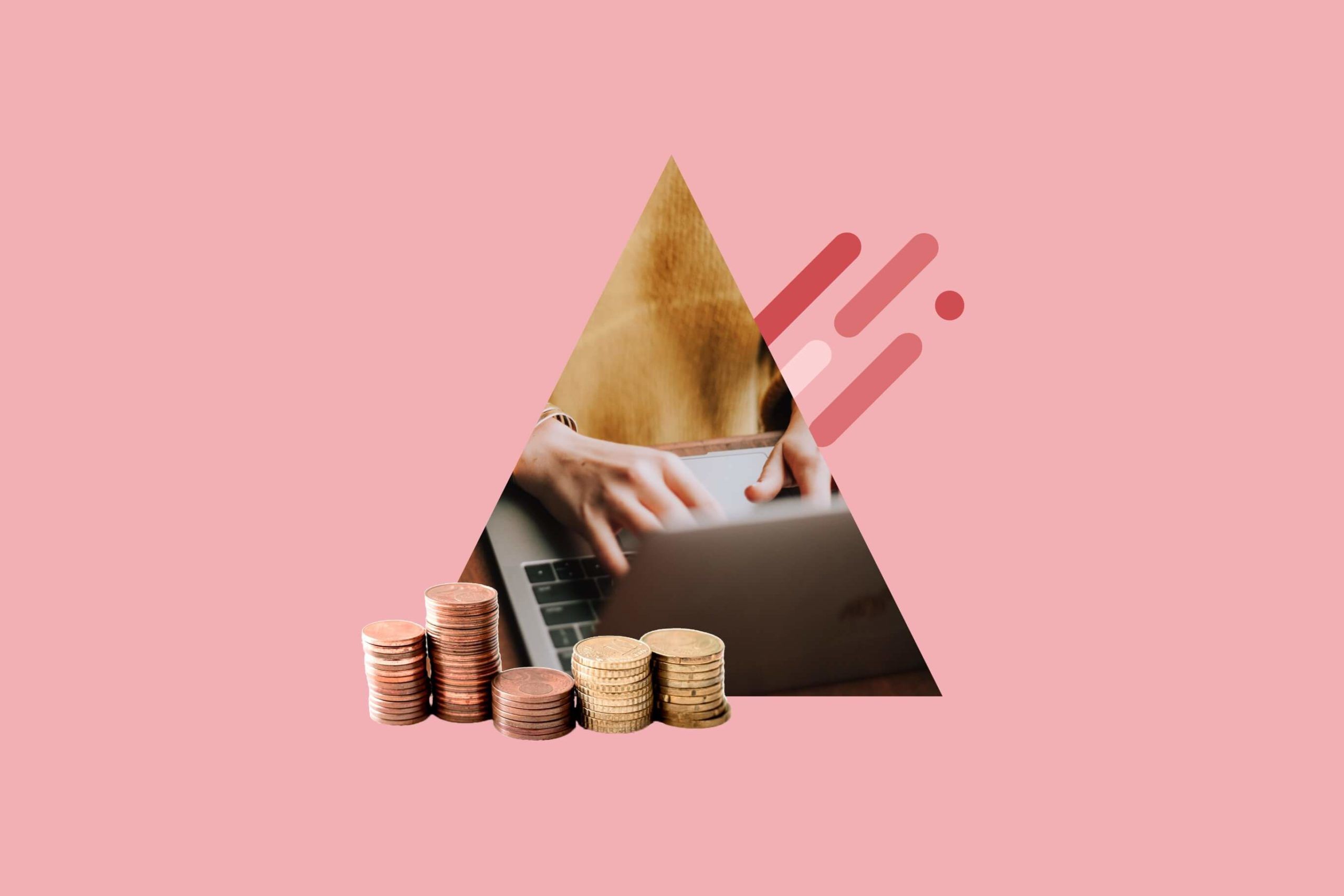 Photo collage including someone typing on a laptop and a stack of coins over laying it