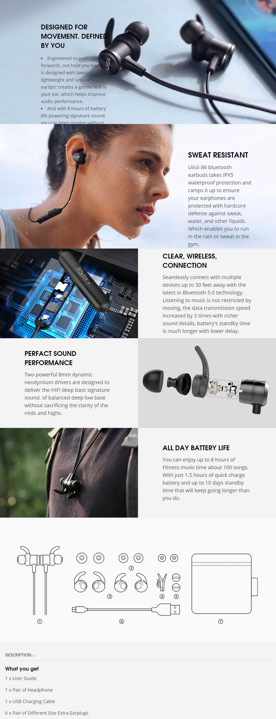 UiiSii B6 Wireless Fully Waterproof Bluetooth Sports Headphones SOP