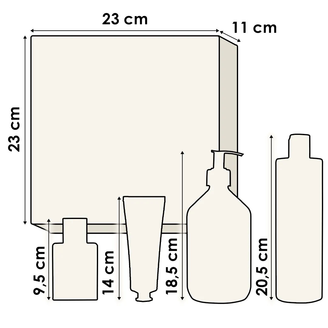 Maße der Geschenkbox im Vergleich zu Seife in Glasflasche und weiteren Produkten