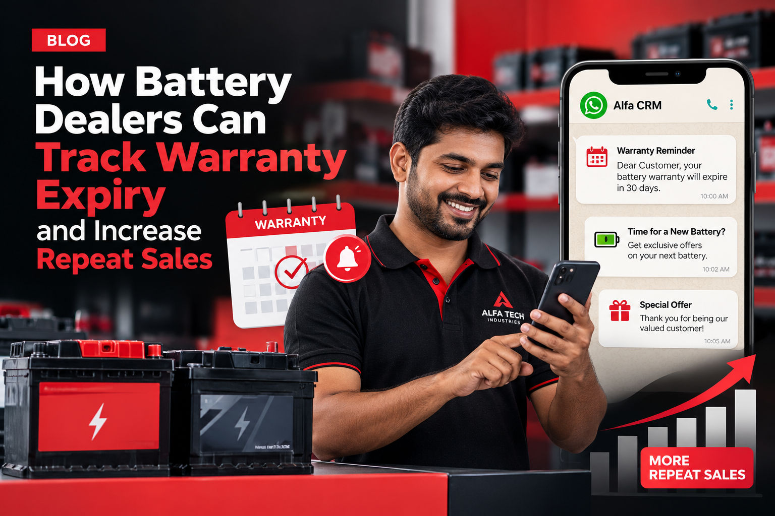Battery dealer warranty tracking CRM with customer follow-up and repeat-sales reminders