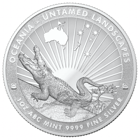 This image shows the reverse of the 1oz ABC Untamed Landscapes Crocodile Silver Coin