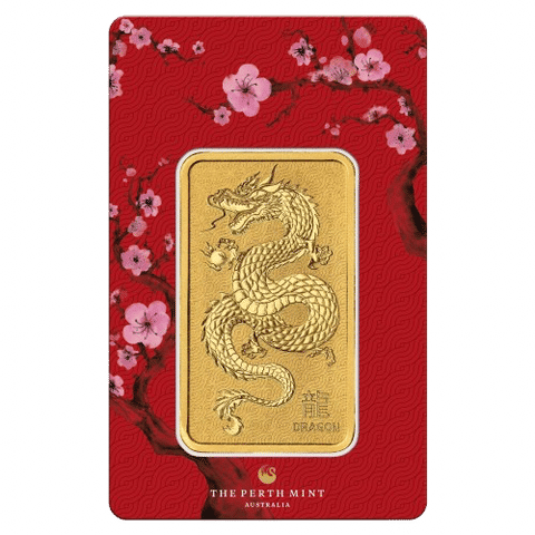 This image shows the front side of the 1oz Perth Mint Lunar Dragon Gold Minted Bar, including the packaging
