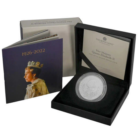 This image shows the 2022 1oz Her Majesty Queen Elizabeth Silver Proof Coin