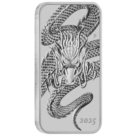 2025 1oz Rectangular Dragon Silver Coin on Slight Angle