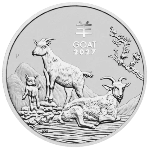 This image shows the reverse of the 2027 1oz Lunar Series III Year of the Goat Silver Coin, featuring three goats.