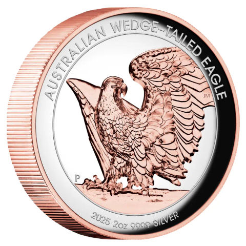 This image shows the Side Reverse view of the Australian Wedge-Tailed Eagle Silver Proof Coin with Rose Gold gilding