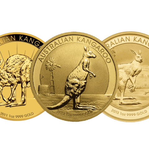 This image shows the front of the three Kangaroo Gold Coins shown in the Australian Trilogy Collection, the 2011, 2012, and 2013