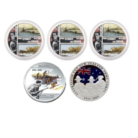 This image shows the reverse of all coins from the 5oz Coin Collection - Australian Military History.