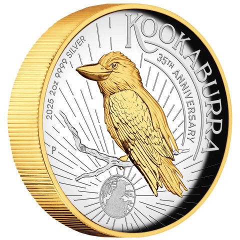 This image shows the side reverse of the 2oz Kookaburra Silver Gilded Proof Coin