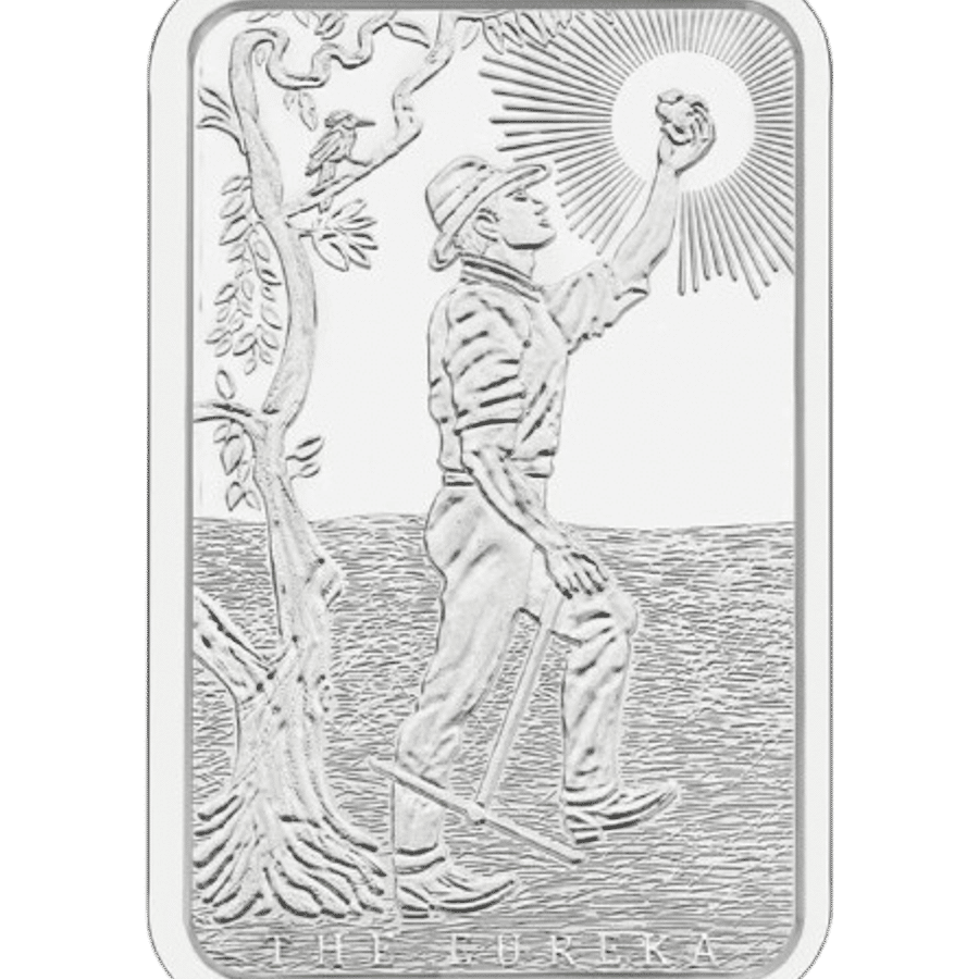 This image shows the front of the 10oz ABC Silver Eureka Minted Bar