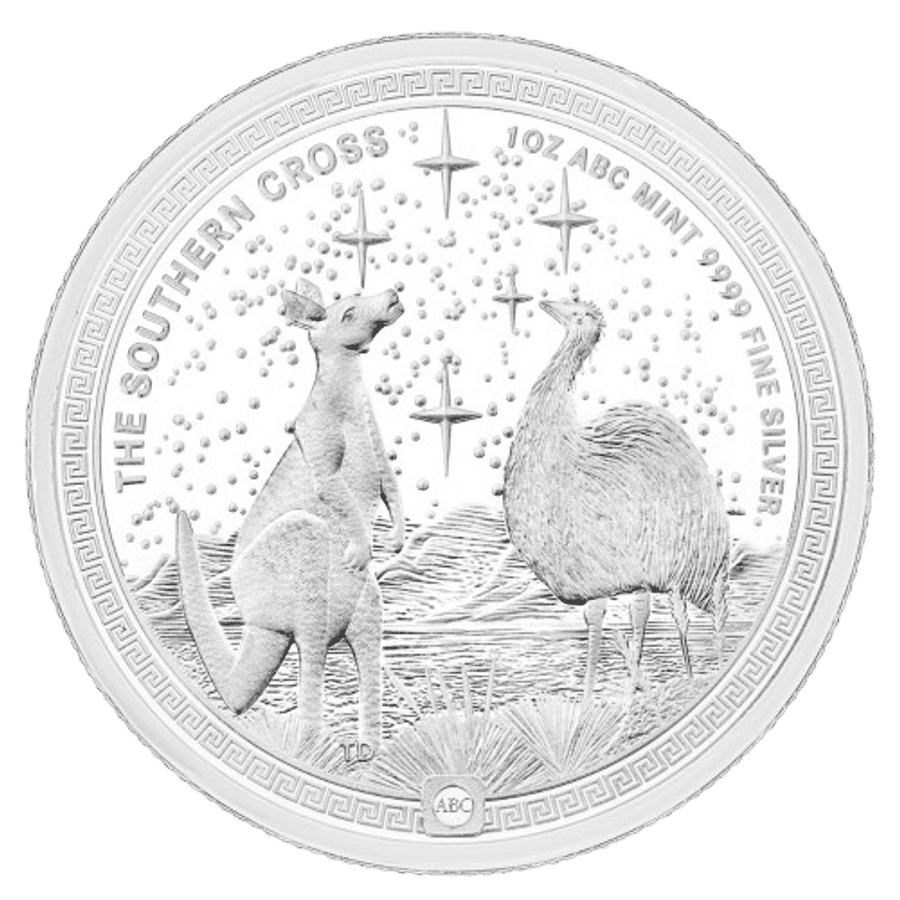 This image shows the reverse of the 1oz ABC Southern Cross Silver Coin