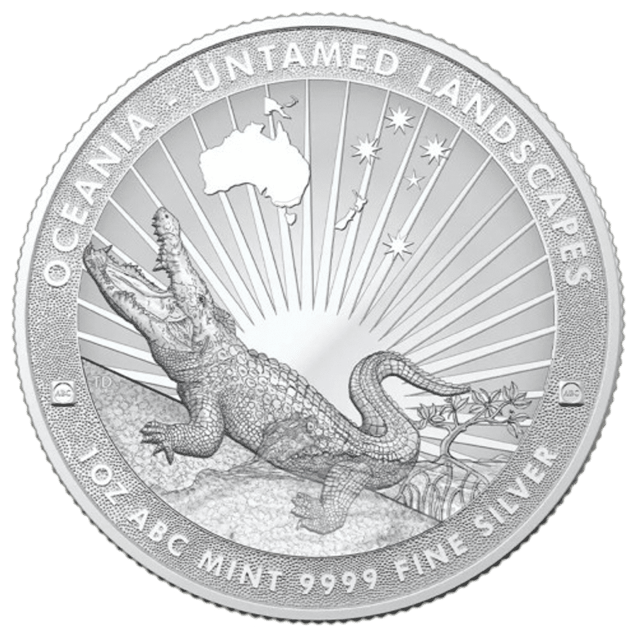 This image shows the reverse of the 1oz ABC Untamed Landscapes Crocodile Silver Coin