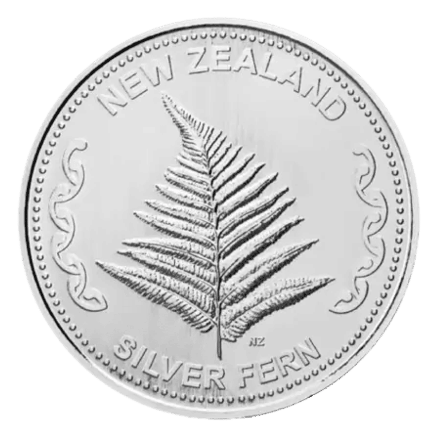This image shows the reverse of the 1oz New Zealand Mint Fern Silver Round