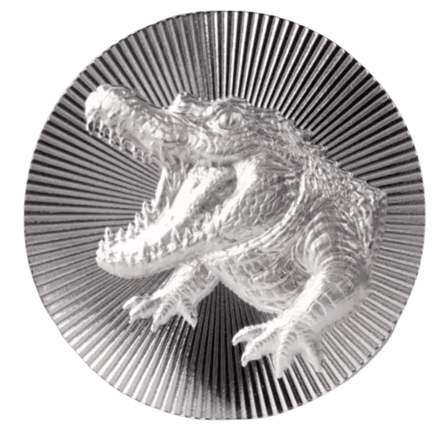 This image shows the 1oz Scottsdale Crocodile Stacker Silver Round, featuring a crocodile with it's jaws open wide facing the left.