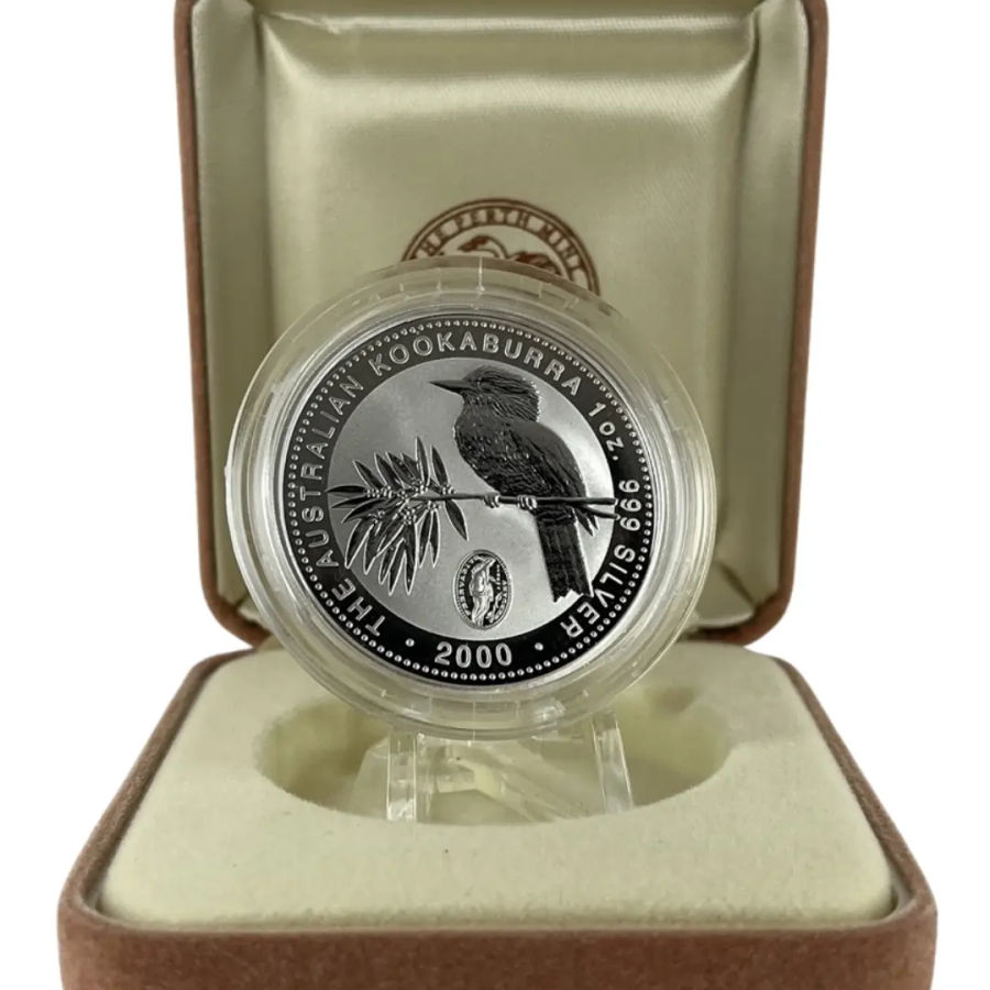 This image shows the 2000 1oz Kookaburra with Valentines Privy in Presentation Box