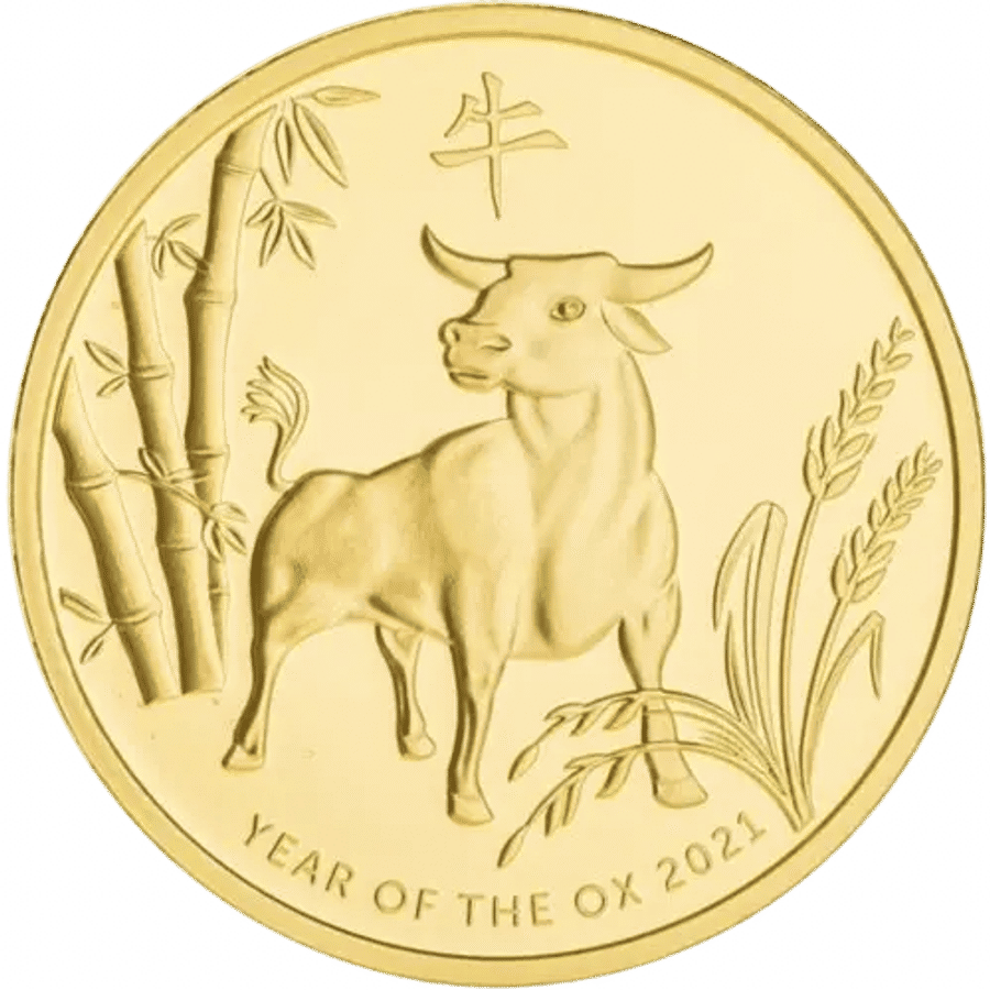 2021 1oz ABC Bullion Year of the Ox gold round reverse with Ox lunar design