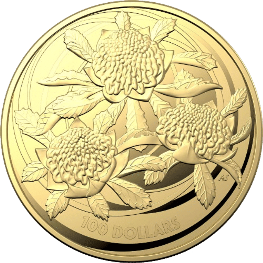 This image shows the reverse of the 2022 1oz RAM Wildflowers Waratah Gold Coin