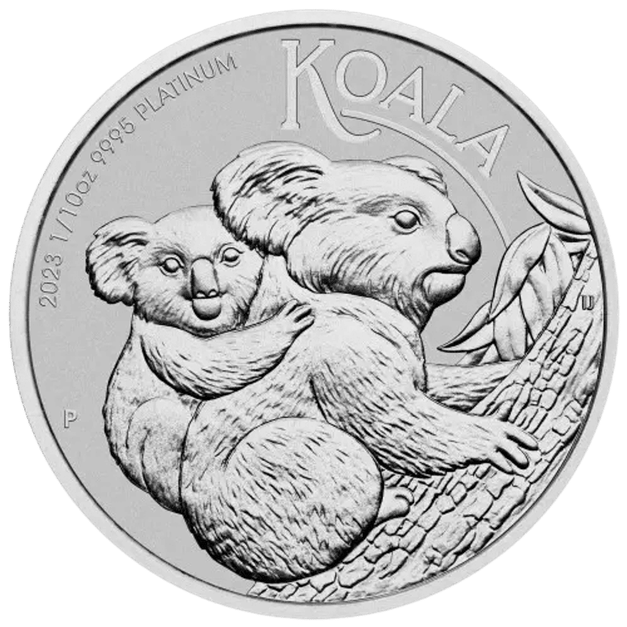 This image shows the reverse of the 2023 1/10th oz Koala Platinum Coin, featuring a koala and joey climbing a tree.