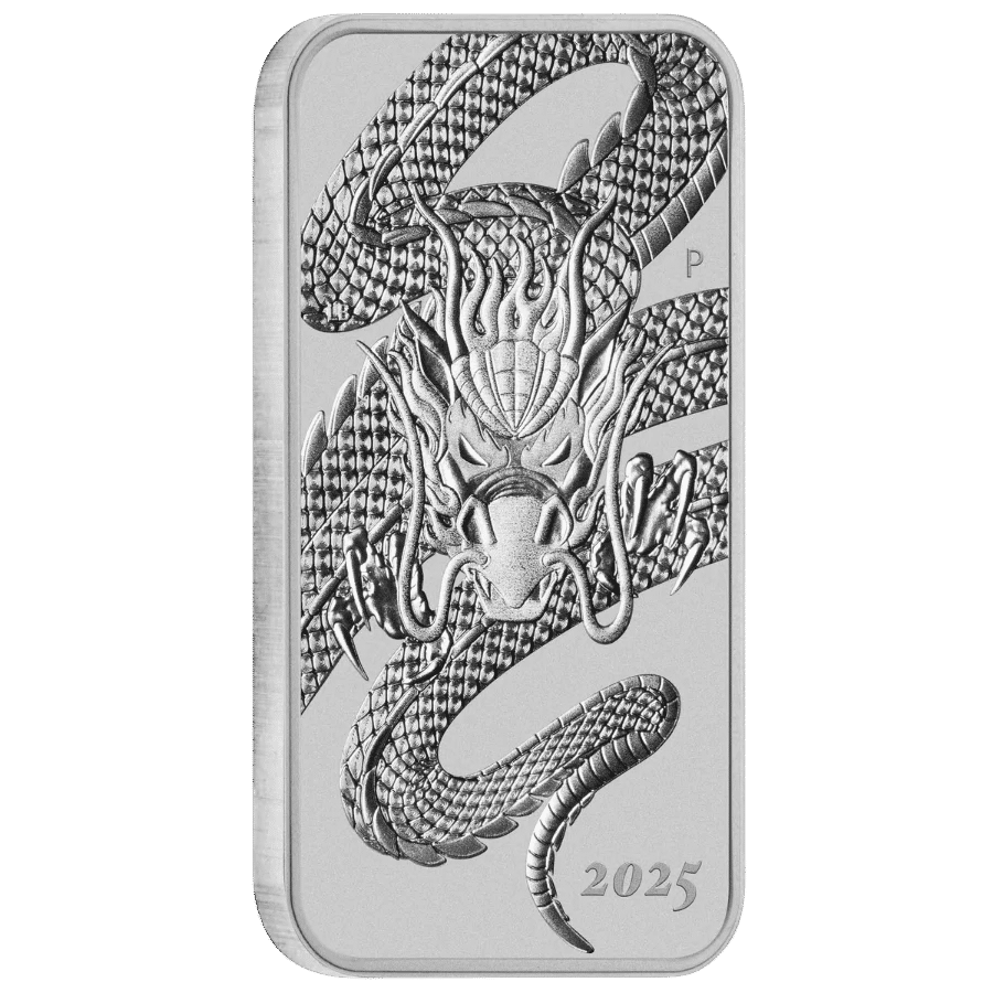 2025 1oz Rectangular Dragon Silver Coin on Slight Angle