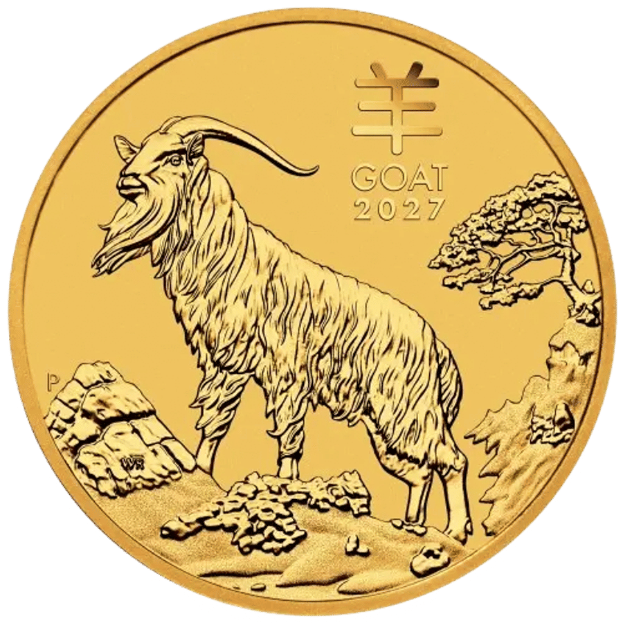 This image shows the reverse of the 2027 1oz Lunar Series III Year of the Goat Gold Coin, featuring a gold standing proudly. 