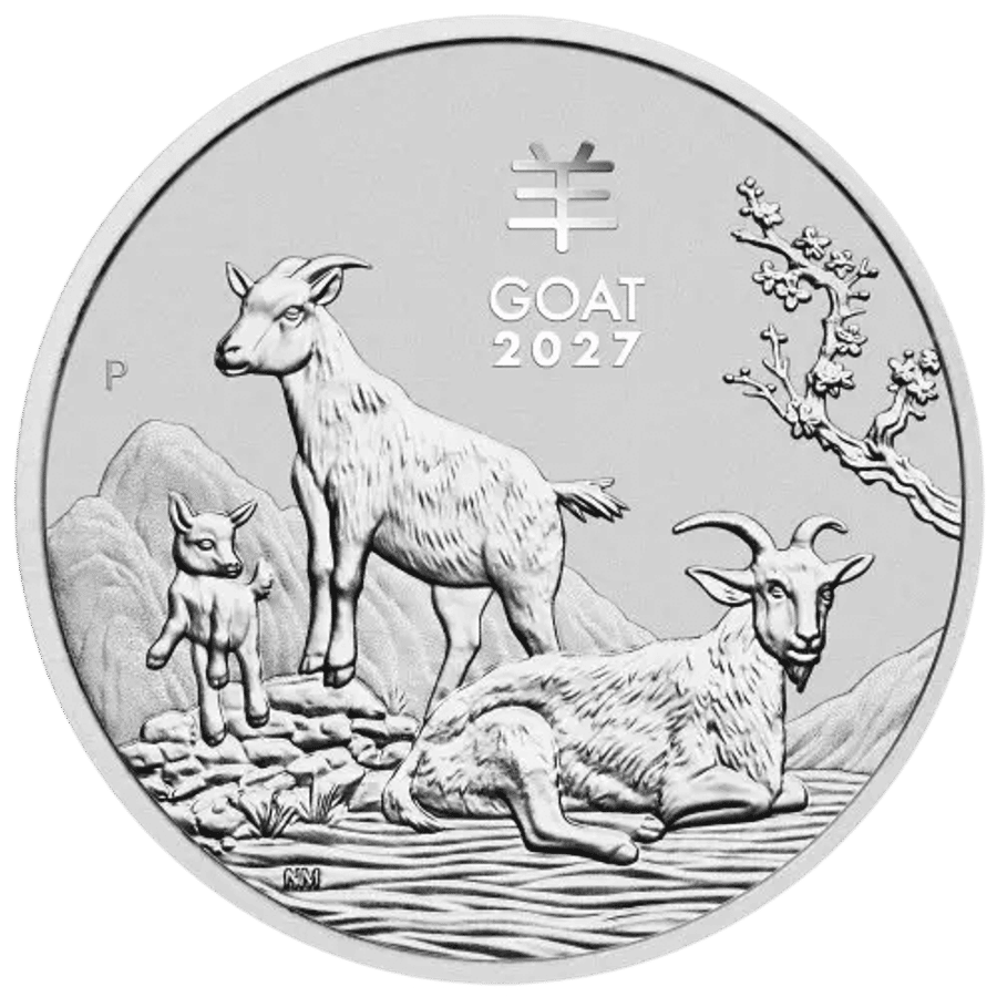 This image shows the reverse of the 2027 1oz Lunar Series III Year of the Goat Silver Coin, featuring three goats.