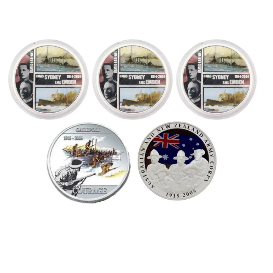 This image shows the reverse of all coins from the 5oz Coin Collection - Australian Military History.