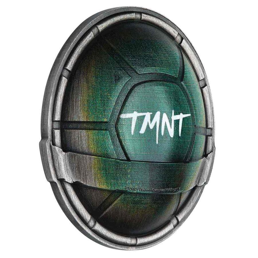 This image shows the side reverse of the Domed TMNT Silver Coloured Coin