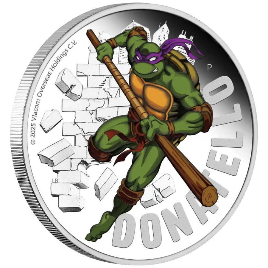 This image shows the side reverse of the 1oz Donatello Silver Proof Coin 