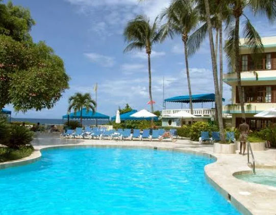 "View of a resort pool in the Dominican Republic with palm trees, blue lounge chairs and ocean views"