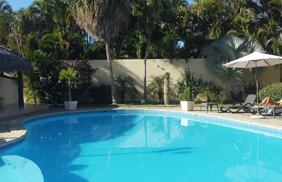 área de piscina al aire libre, rodeada de un entorno tropical y relajante.