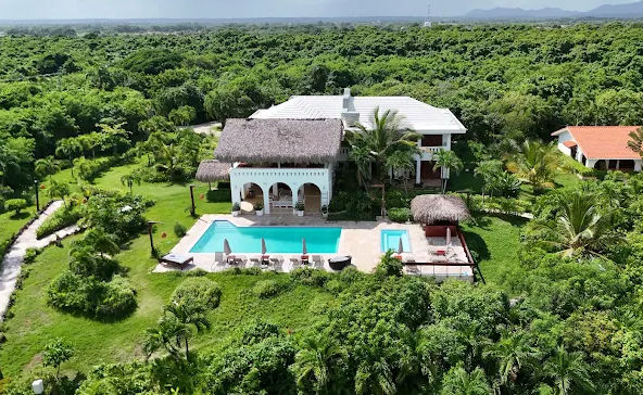 Aerial view of a luxury villa in Punta Cana with a thatched roof, private pool and terrace, surrounded by lush tropical vegetation.