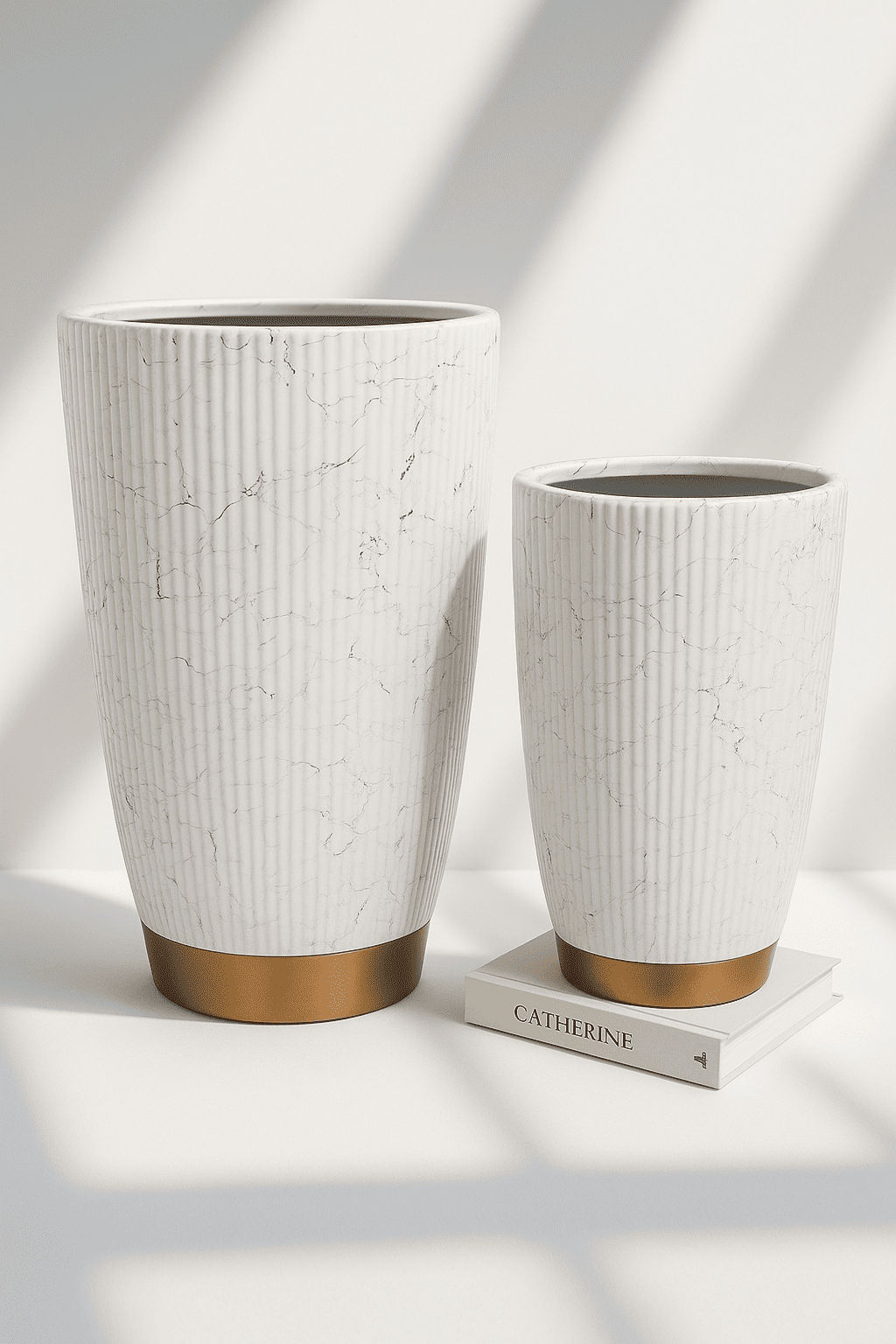 White Fluted Marble Effect Planter Set with Gold Base