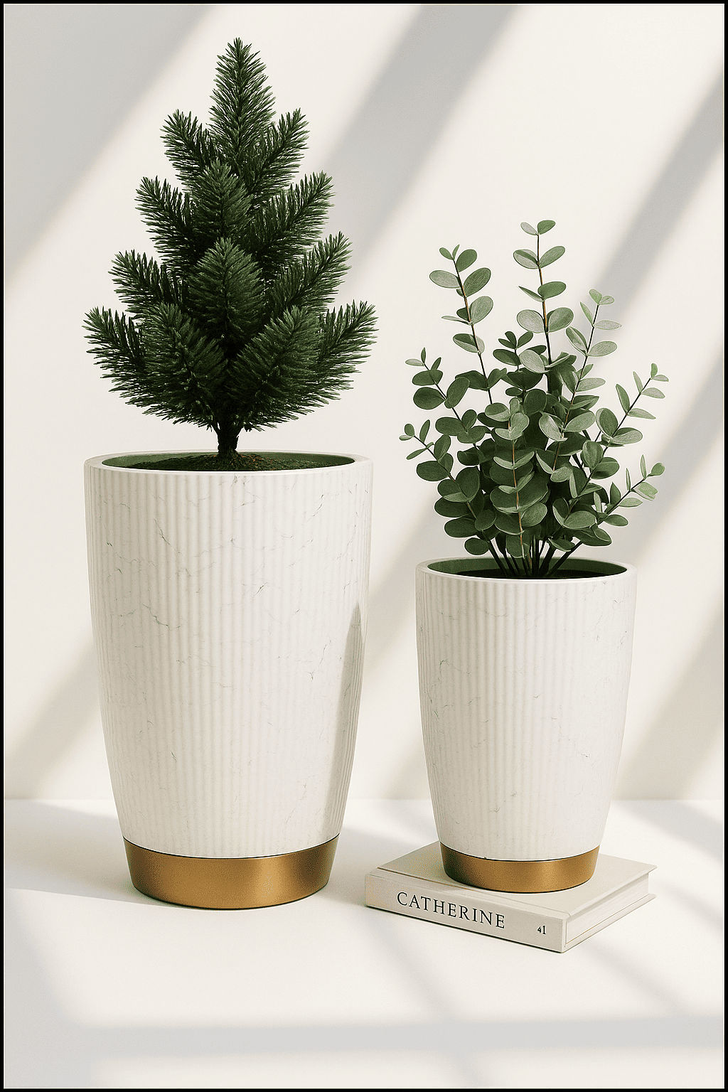 White Fluted Marble Effect Planter Set with Gold Base
