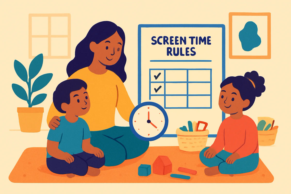 Parent and children using a screen-time chart beside a timer, crayons, blocks and offline activity materials at home