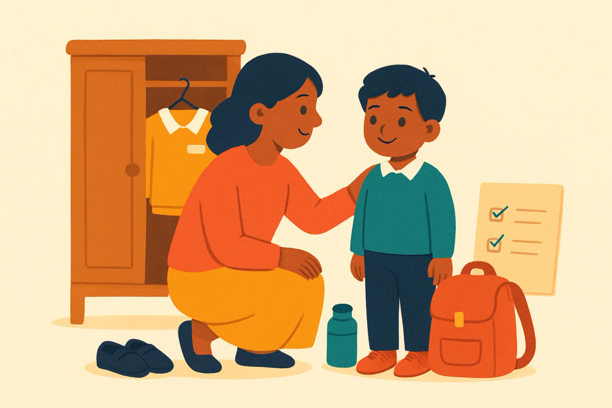 Parent and child preparing a school uniform, sweater, shoes and water bottle beside a school bag on a cool morning