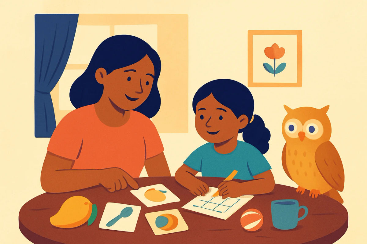Parent and 5-year-old practising beginning sounds with picture cards and familiar household objects