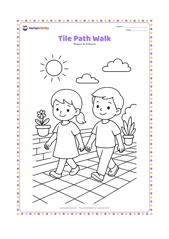 Colouring page: Draw two children walking along a path made of repeating square and diamond floor tiles. Add a low garden wall, potted plants, and a sunny sky with simple cloud shapes.