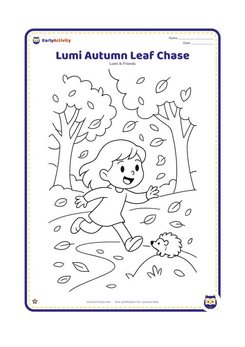 Colouring page: Lumi runs after swirling leaves in a park while a small hedgehog watches from a low mound. Include two trees with partly changing foliage, a curved path and scattered leaves.
