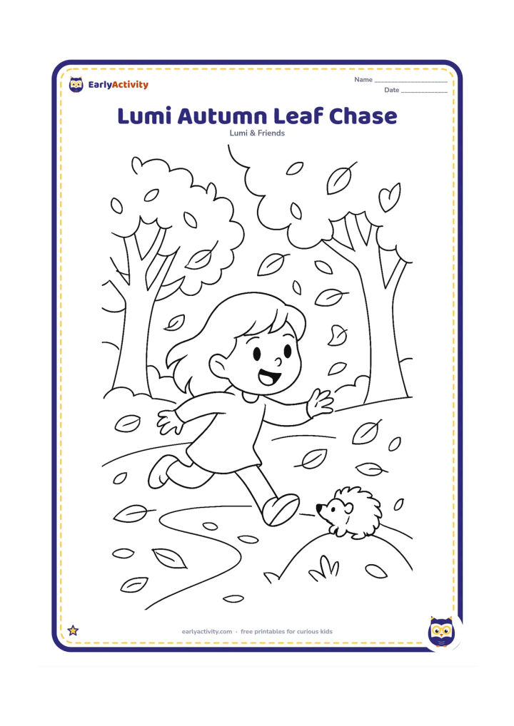 Colouring page: Lumi runs after swirling leaves in a park while a small hedgehog watches from a low mound. Include two trees with partly changing foliage, a curved path and scattered leaves.