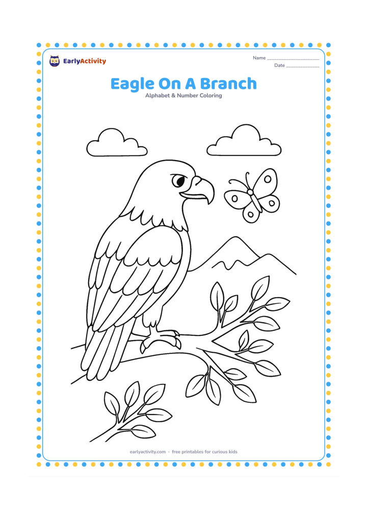 Colouring page: Draw an eagle perched on a sturdy tree branch, turning its head toward a butterfly. Add leafy twigs, a distant mountain and two clouds.