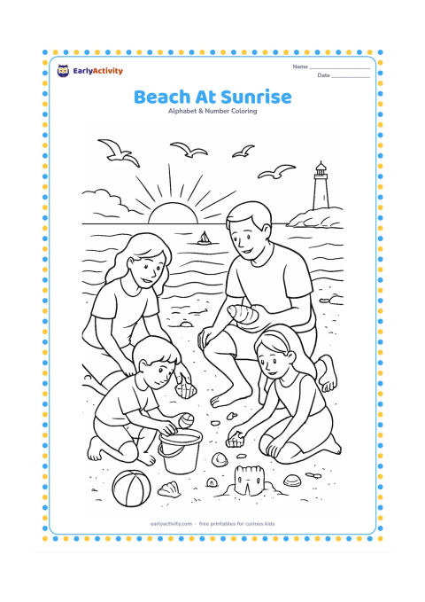 Colouring page: Draw a family collecting shells on a beach at sunrise, with a beach ball, bucket, sandcastle and a small boat offshore. Add waves, seabirds, rocks and a distant lighthouse with no…