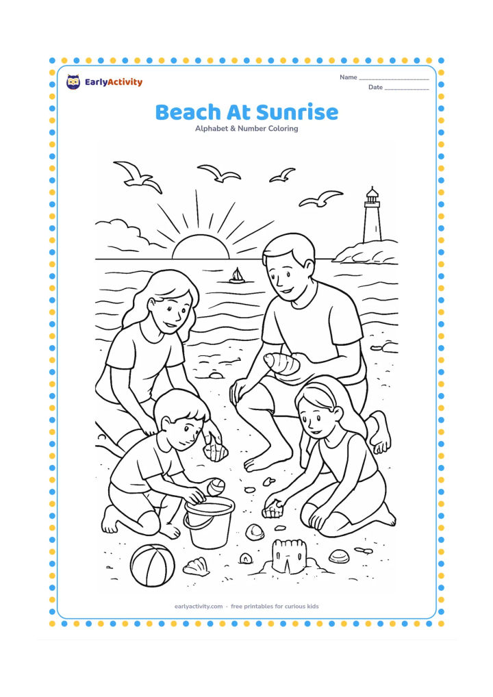 Colouring page: Draw a family collecting shells on a beach at sunrise, with a beach ball, bucket, sandcastle and a small boat offshore. Add waves, seabirds, rocks and a distant lighthouse with no…