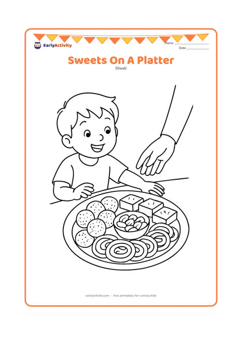 Colouring page: A decorated platter holds laddus, barfi pieces, jalebi coils, and a small bowl of nuts on a kitchen table. Add a child reaching toward the platter while an adult serves from the side.