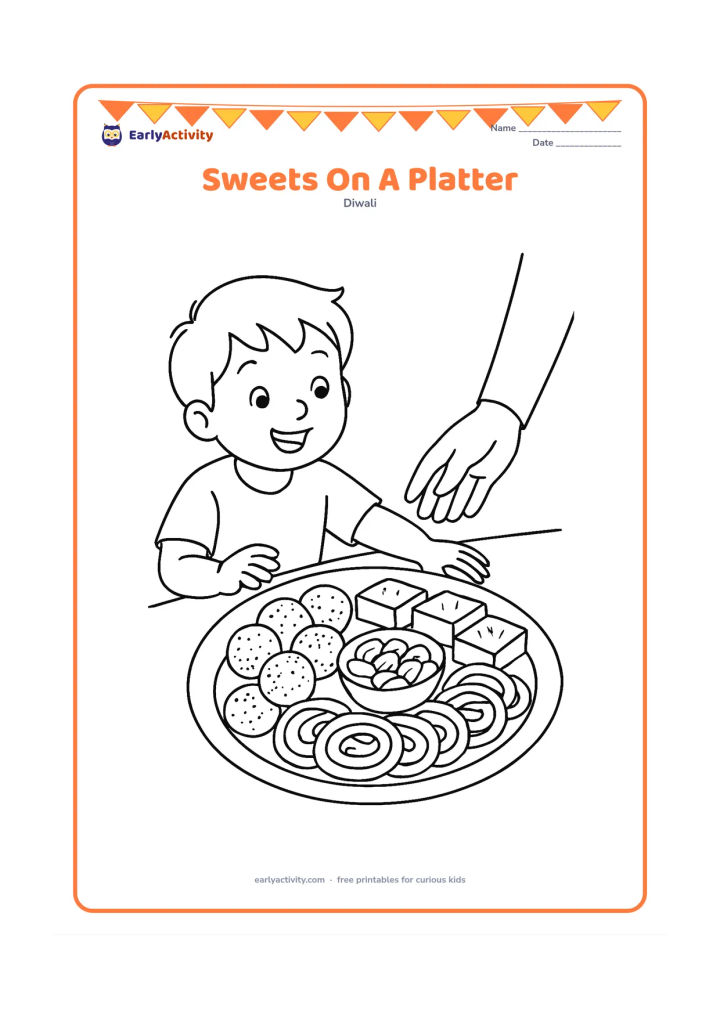 Colouring page: A decorated platter holds laddus, barfi pieces, jalebi coils, and a small bowl of nuts on a kitchen table. Add a child reaching toward the platter while an adult serves from the side.
