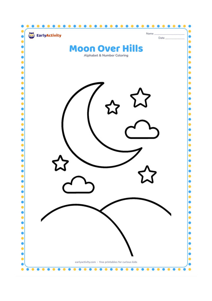 Colouring page: Draw a large crescent moon above two smooth rolling hills, with three simple stars and a few gentle clouds in the sky. Keep the landscape uncluttered.