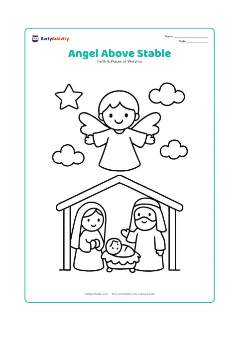 Colouring page: Show one smiling angel floating above a small stable, with arms open toward Mary, Joseph and the manger below. Add one large star and a few rounded clouds.