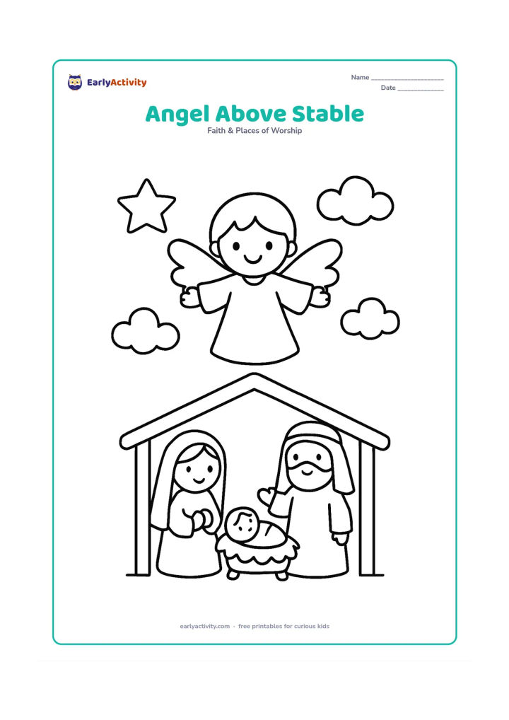 Colouring page: Show one smiling angel floating above a small stable, with arms open toward Mary, Joseph and the manger below. Add one large star and a few rounded clouds.